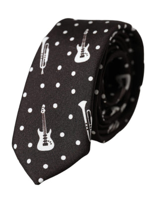 Corbata ajustable de seda negra con estampado de guitarra