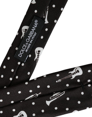 Corbata ajustable de seda negra con estampado de guitarra
