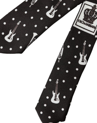 Corbata ajustable de seda negra con estampado de guitarra
