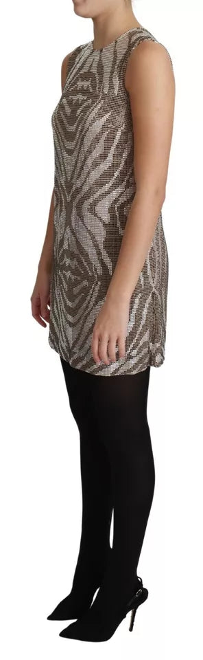 Braunes Kristall-Shift-Minikleid mit Zebrastreifen und Silberdetails