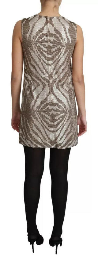 Braunes Kristall-Shift-Minikleid mit Zebrastreifen und Silberdetails