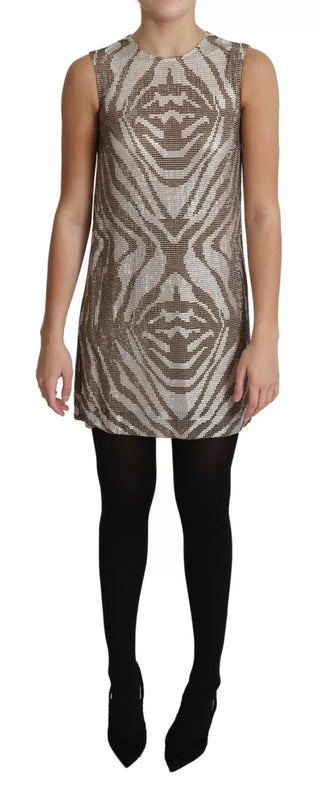 Braunes Kristall-Shift-Minikleid mit Zebrastreifen und Silberdetails