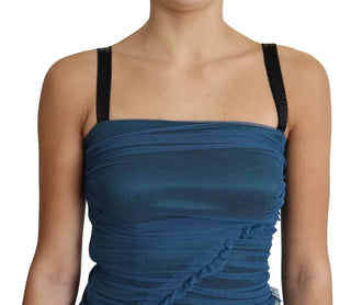 Vestido midi de algodón con forro de tul drapeado azul
