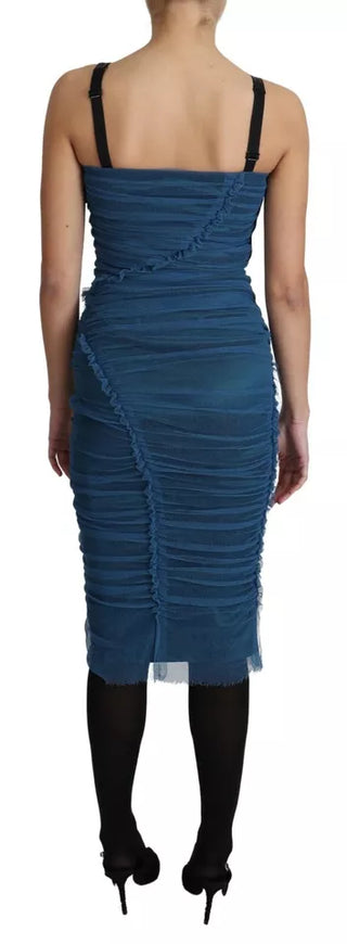 Vestido midi de algodón con forro de tul drapeado azul
