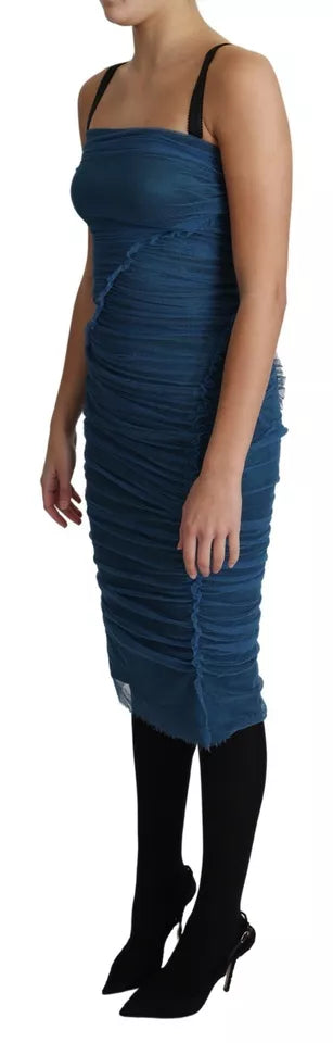 Vestido midi de algodón con forro de tul drapeado azul