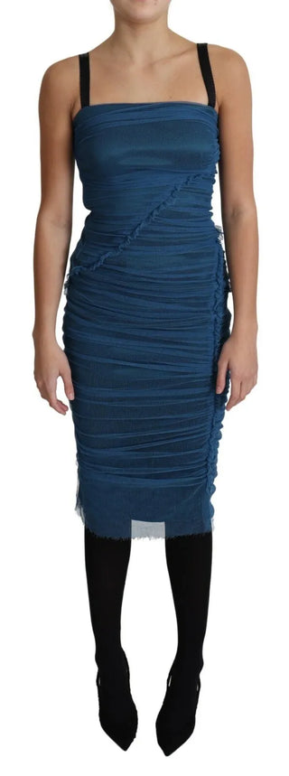 Vestido midi de algodón con forro de tul drapeado azul