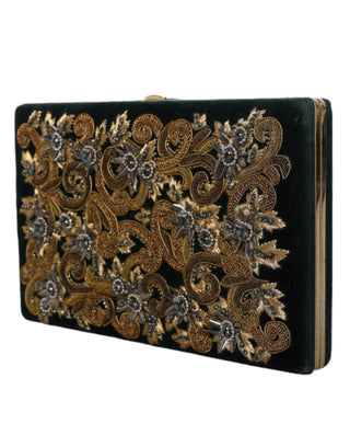 Bolso de mano de fiesta de noche de terciopelo negro con marco dorado