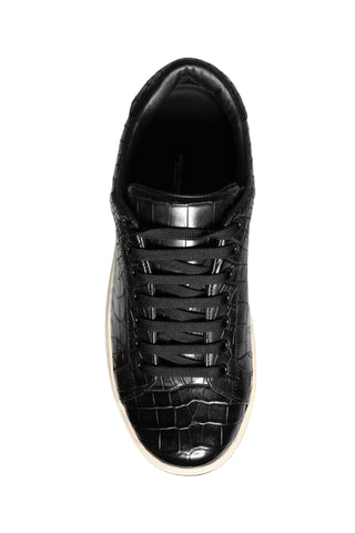 Black Leather Men Low Top Sneakers Shoes