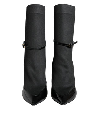 Schwarze Leder-Stiletto-Booties Socken Schuhe