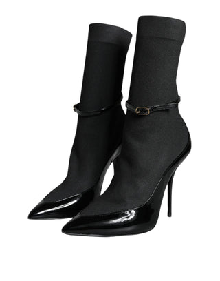 Schwarze Leder-Stiletto-Booties Socken Schuhe