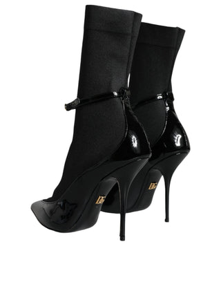 Schwarze Leder-Stiletto-Booties Socken Schuhe