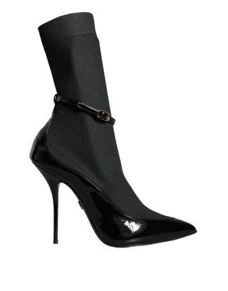 Schwarze Leder-Stiletto-Booties Socken Schuhe