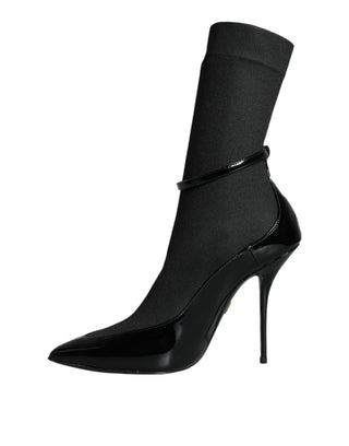 Schwarze Leder-Stiletto-Booties Socken Schuhe