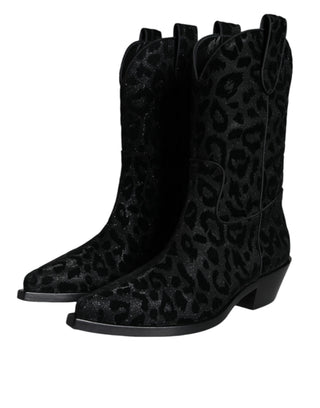 Botas de Vaquero Negro con Estampado de Leopardo Gris