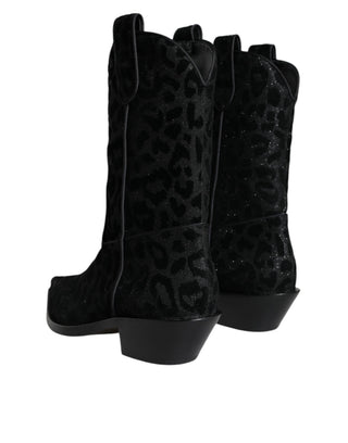 Botas de Vaquero Negro con Estampado de Leopardo Gris