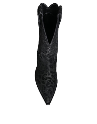 Botas de Vaquero Negro con Estampado de Leopardo Gris