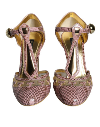 Zapatos de Tacón con Tira en T de Cuero Rosa Dorado