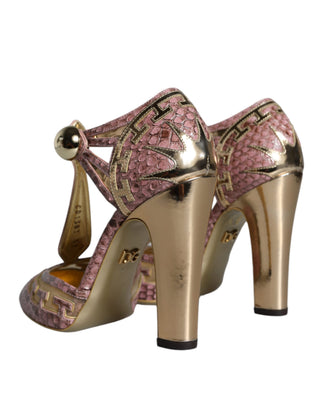 Zapatos de Tacón con Tira en T de Cuero Rosa Dorado