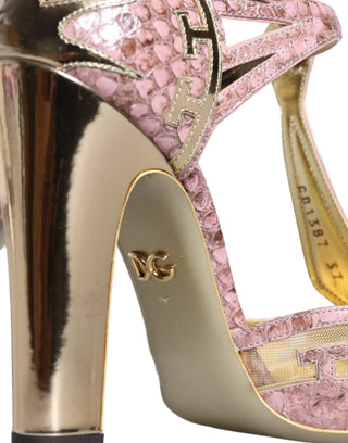 Zapatos de Tacón con Tira en T de Cuero Rosa Dorado