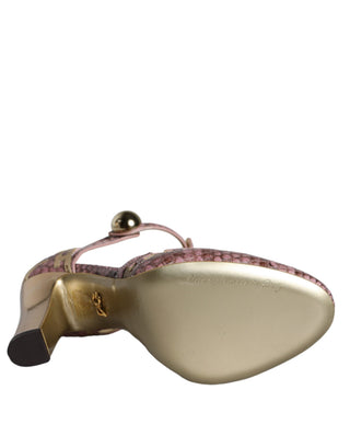 Zapatos de Tacón con Tira en T de Cuero Rosa Dorado