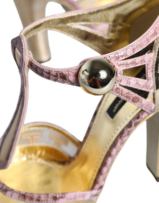 Zapatos de Tacón con Tira en T de Cuero Rosa Dorado