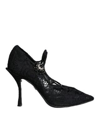 Schwarze Mary Jane Pumps mit Spitze, Kristallen und Absätzen