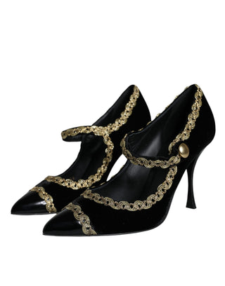 Zapatos Mary Janes de terciopelo negro con detalles dorados