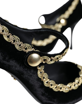Zapatos Mary Janes de terciopelo negro con detalles dorados