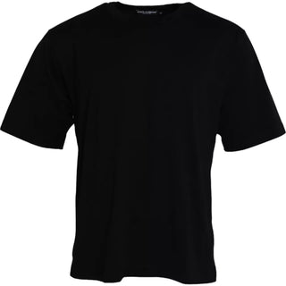 Camiseta negra de algodón con logo en relieve y cuello redondo