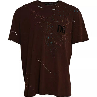 Camiseta marrón de algodón con salpicaduras de color y cuello redondo