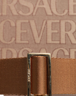 Bolso tote cruzado de jacquard y cuero marrón con logo y asa superior