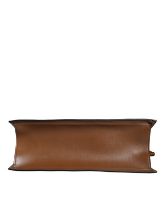 Bolso tote cruzado de jacquard y cuero marrón con logo y asa superior