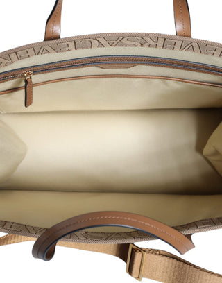 Bolso tote cruzado de jacquard y cuero marrón con logo y asa superior