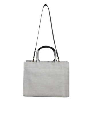Bolso tote cruzado de lona y cuero blanco con logo y asa superior