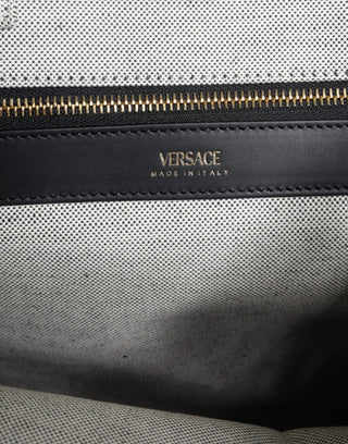 Bolso tote cruzado de lona y cuero blanco con logo y asa superior