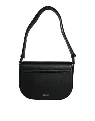 Bolso cruzado negro de cuero de becerro granuloso con logo y bandolera