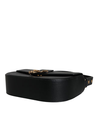 Bolso cruzado negro de cuero de becerro granuloso con logo y bandolera