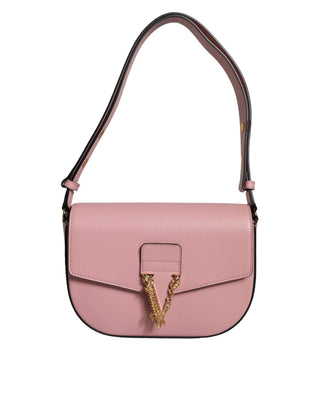 Bolso cruzado rosa de cuero de becerro granuloso con logo y bandolera