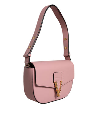 Bolso cruzado rosa de cuero de becerro granuloso con logo y bandolera