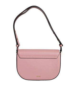 Bolso cruzado rosa de cuero de becerro granuloso con logo y bandolera