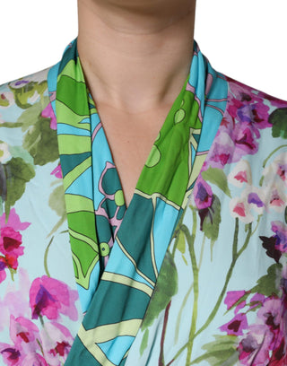 Mehrfarbiges Blumen-Wickelkleid aus Seidenstretch
