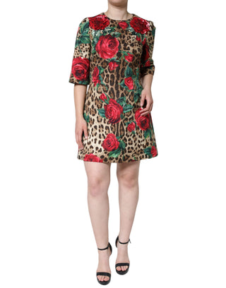 Vestido en línea A de algodón con estampado de leopardo marrón y rosas rojas