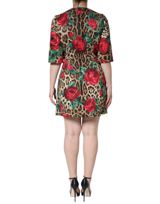 Vestido en línea A de algodón con estampado de leopardo marrón y rosas rojas