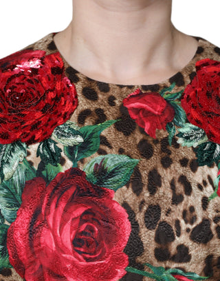 Vestido en línea A de algodón con estampado de leopardo marrón y rosas rojas