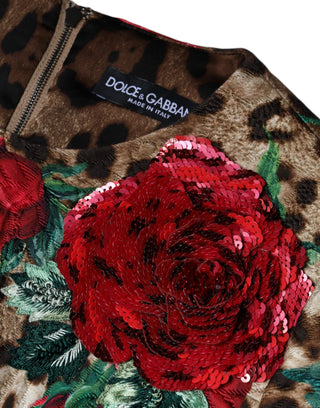 Vestido en línea A de algodón con estampado de leopardo marrón y rosas rojas