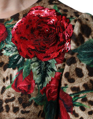 Vestido en línea A de algodón con estampado de leopardo marrón y rosas rojas
