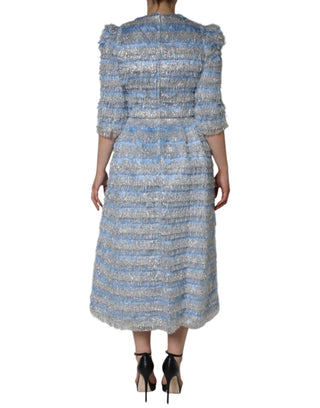 Hellblaues silbernes Jacquard A-Linien-Midikleid