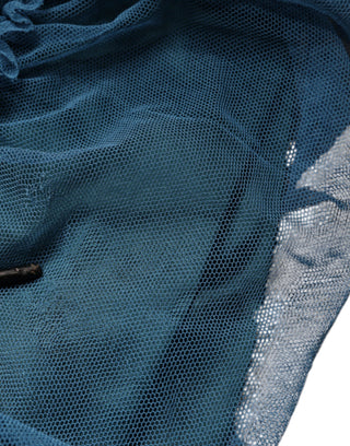 Blaues Etuikleid aus gerafftem Tüll mit Netzbesatz