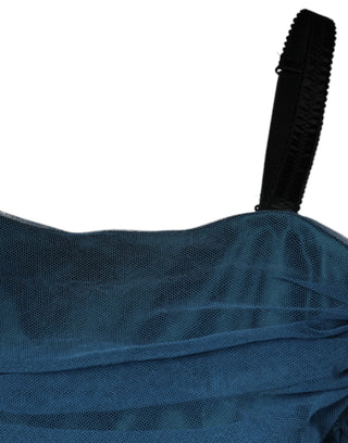 Blaues Etuikleid aus gerafftem Tüll mit Netzbesatz