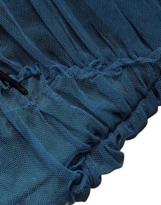 Blaues Etuikleid aus gerafftem Tüll mit Netzbesatz